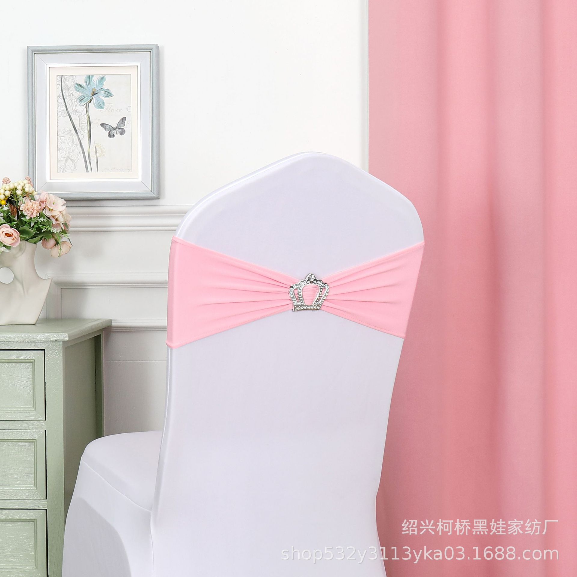 Picture of Chair Back Flower Bow Crown Diamond Buckle Elastic Banquet Chair Set Decoration Free Wedding Strap Ribbon Wedding Ribbon
