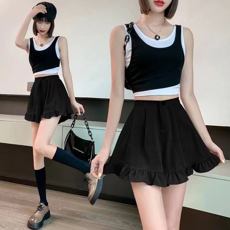 Shorts Summer Women's Clothing 2024 Fungus Fish Tail Ruffled High Waist Slim Look Casual A- Leg Wide-Leg Solid Color Short Culottes