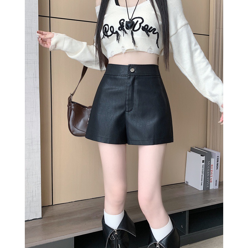 Word Fashion Casual Pants Shorts One Button Slim Outer Wear A New All-Match High Waist PU Leather Wide Leg Pants Autumn and Winter Women