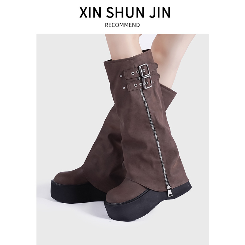Genuine Leather Big Head Pants Tube Boots Sweet Cool Style Spice Girls Heap Boots Thick Bottom Western Boots But Knee Long Boots High Knights Boots