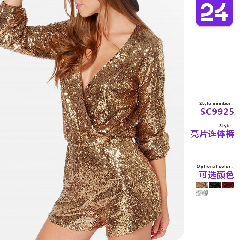 2025 New European and American Cross-Border Women's Clothing Deep V Waist Long-Sleeved Hip-Covering Sexy Fashion Export Sequined Jumpsuit