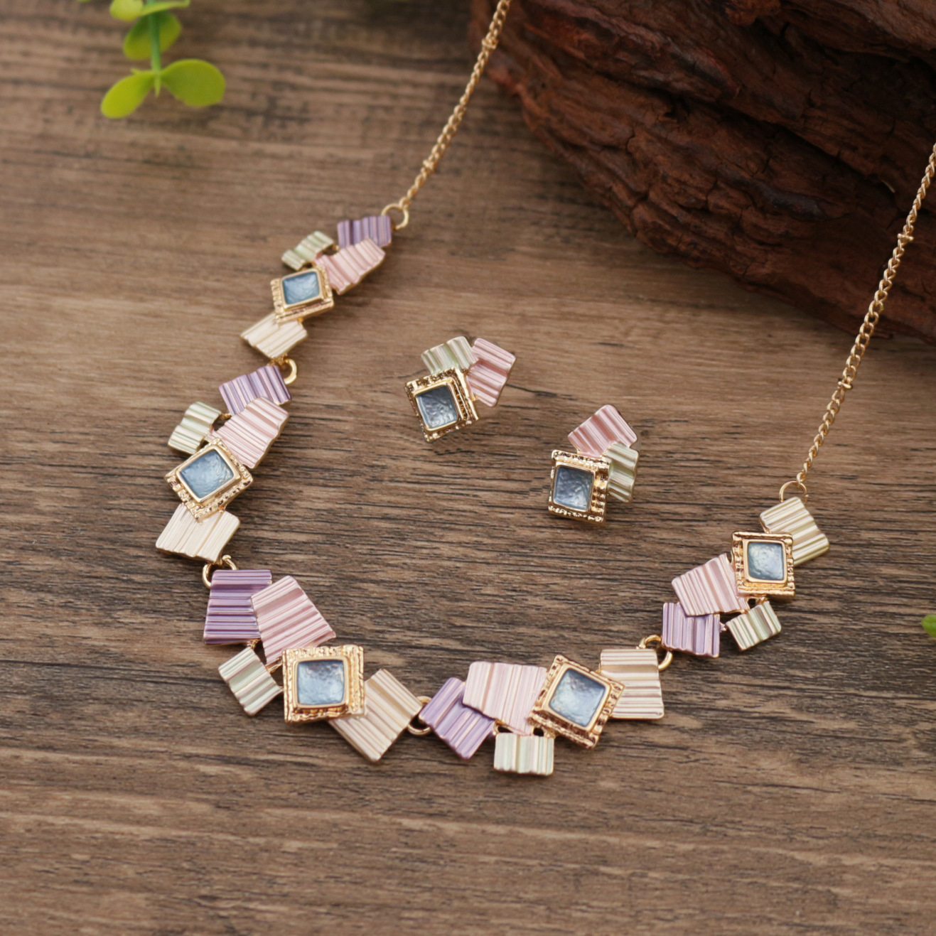Picture of Cross-border New Color Painting Oil Geometric Square Earrings Necklace suit Creative Personality Ladies Square Necklace