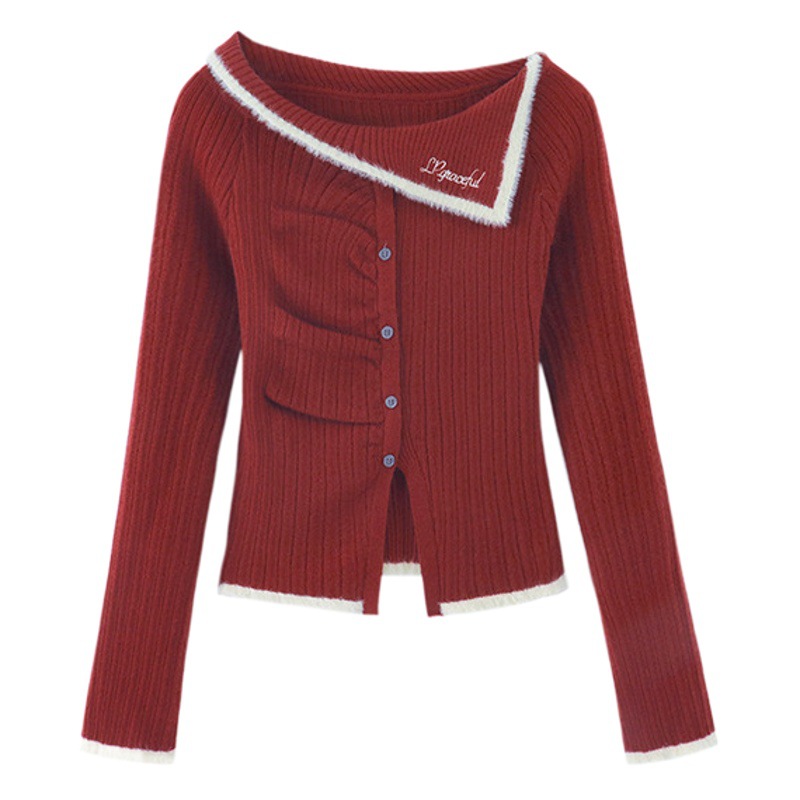 French pleated off-shoulder sweater knitted cardigan for women autumn and winter slim fit New Year red birth year bottoming shirt inner wear