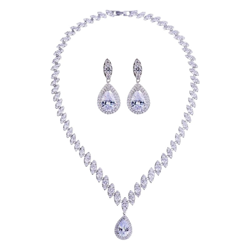 European and American Popular Bridal suit Water Drop Necklace Shake Tone Same Zircon Tassel Earrings Wedding Jewelry Accessories