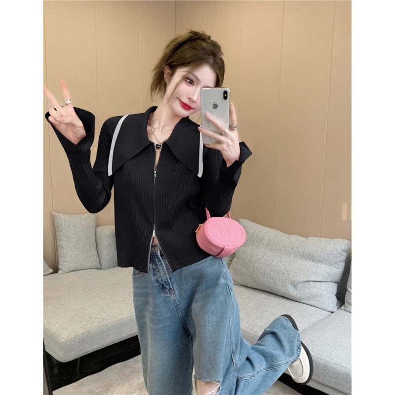 Picture of Autumn New Large Size Chubby Girl Large Lapel Double Head Zipper Design Short Loose Knitted Cardigan