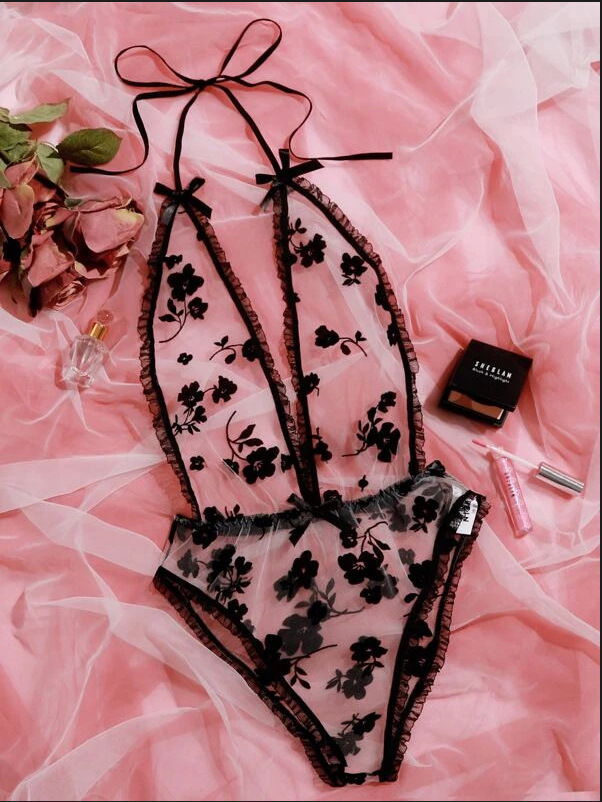 Cross-border supply Europe and the United States foreign trade sexy underwear sexy black mesh perspective lace-up neck one-piece women's underwear
