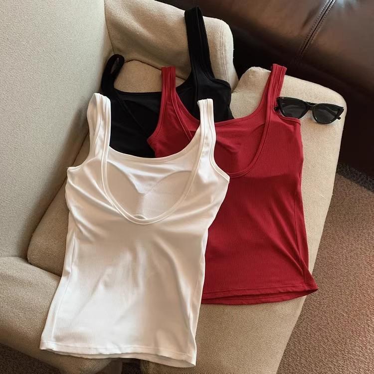 Hot Girl with Chest Pad Large U-neck Camisole Women's Summer Thin Korean Style Beautiful Back Slim-fit Slim-fit Inner Top