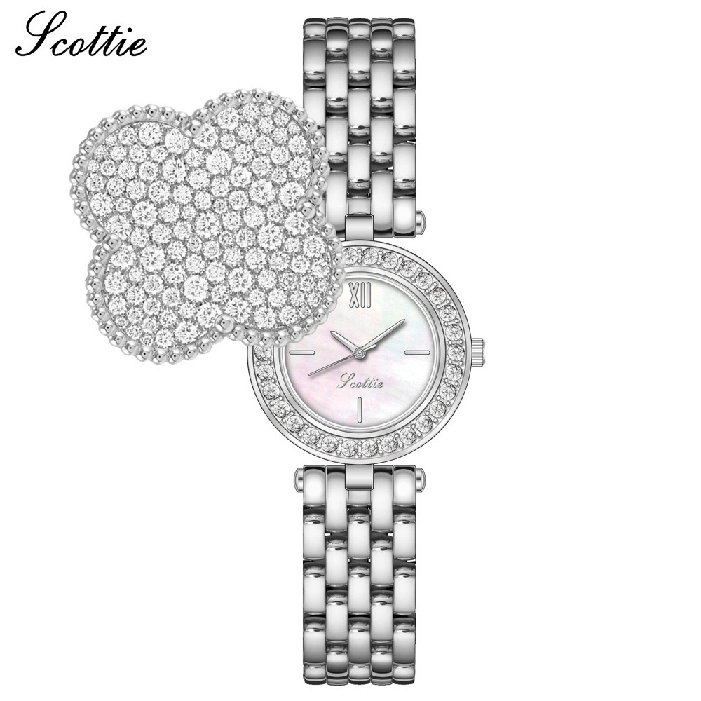 Factory supply Shi Gaudi watch ladies new flip cover full of diamond four-leaf clover steel belt fashion small fragrance cross-border