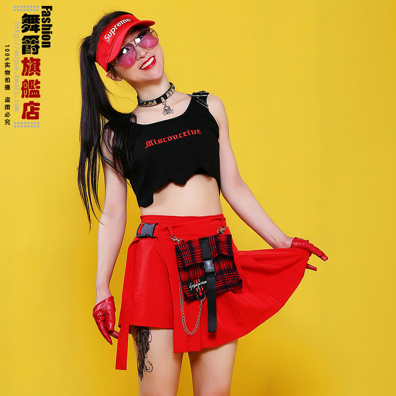 Korean Style Short Skirt Jazz Women's Clothing College Style Red Plaid Pleated Skirt Half Skirt Jazz Dance Girl Group Performance Costume