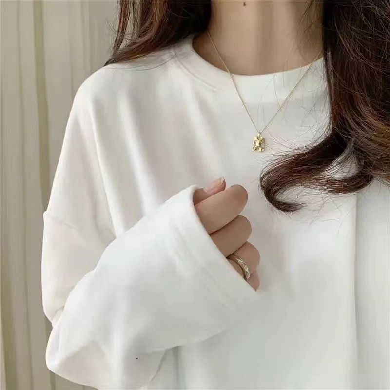 Warm Thickened Double-Sided Velvet Crewneck White Base Shirt Women's fleece-lined Autumn and Winter Sanding Inner Loose Mid-Length T-Shirt