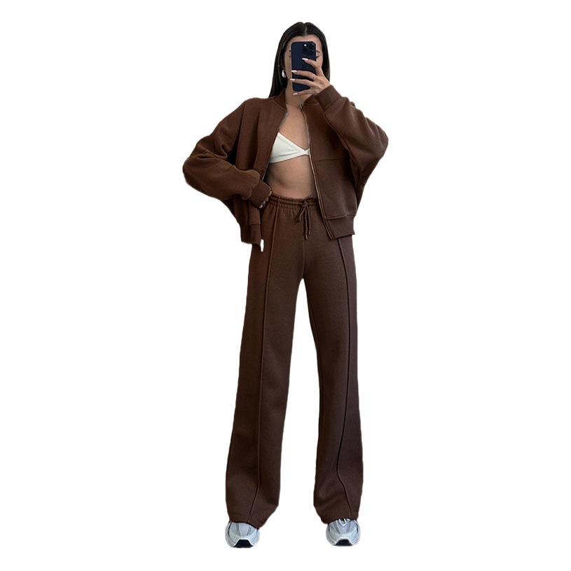 Picture of 211348 autumn and winter new cross-border European and American solid color zipper cardigan sweater women's fashion casual straight pants suit