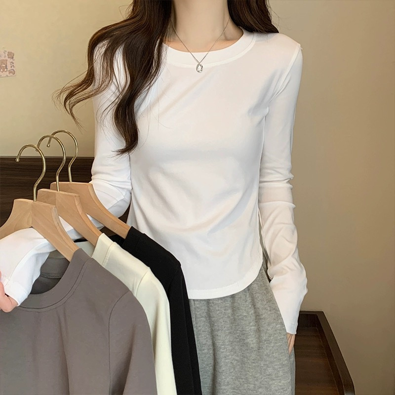 Long-sleeved Cotton Shoulder Spring and Autumn Base Shirt chubby girl Plus Size T-shirt Women's fleece-lined Inner Slim Winter Top