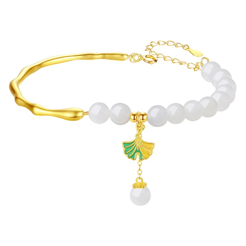 Fujian and Guangdong Ginkgo Leaf and Hetian Jade Bracelet for Women, New Chinese Style Handmade Design with a Sense of Sophistication, S925 Sterling Silver Bracelet