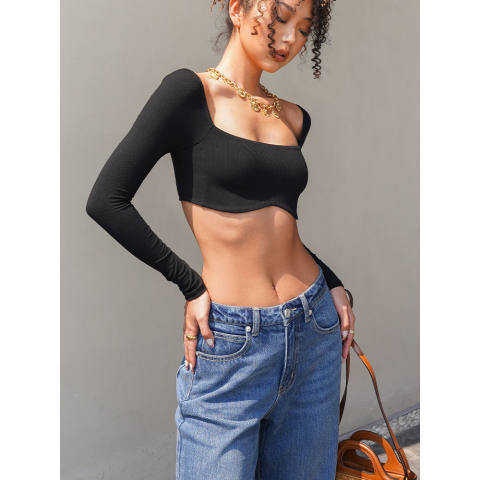 Sexy Foreign Trade Front and Back Double-Layer Navel High Waist U-Collar Short Long Sleeve T-Shirt Bottoming European and American Street Niche Trendy