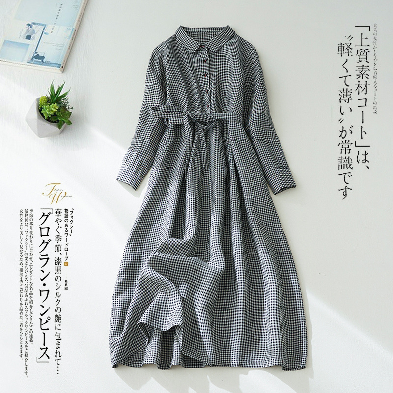 2024 Spring and Autumn New Polo Collar Long Sleeve Cotton and Linen Dress Women's Literary Age-Reducing Casual Lace-Up Plaid Long Dress
