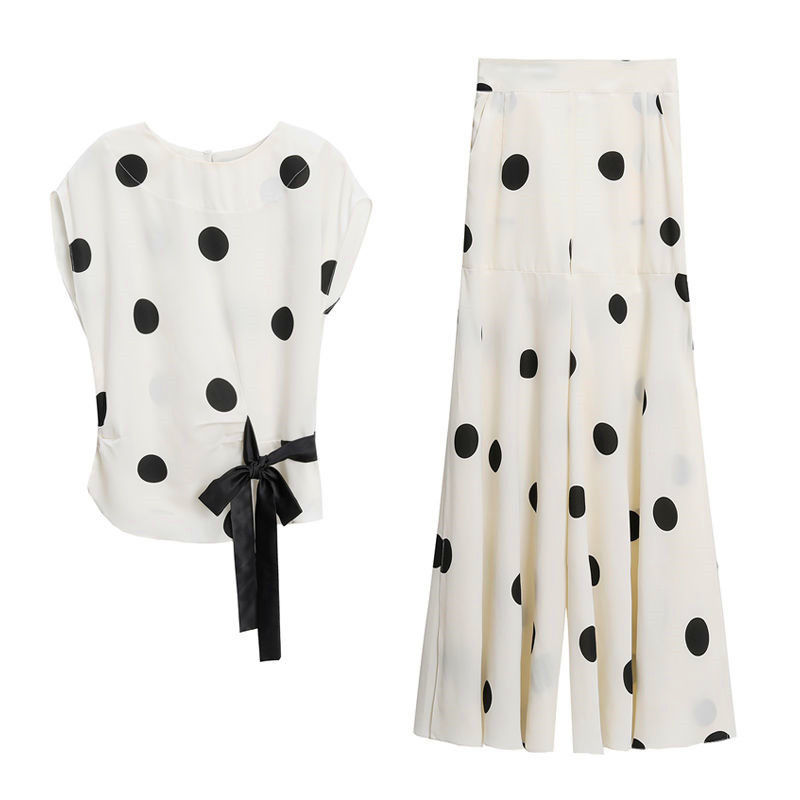 Picture of Chiffon Wide-Leg Pants Fashion Suit for Women 2024 Summer New Style Cool Royal Sister Style Age-Reducing Polka Dot Two-Piece Set