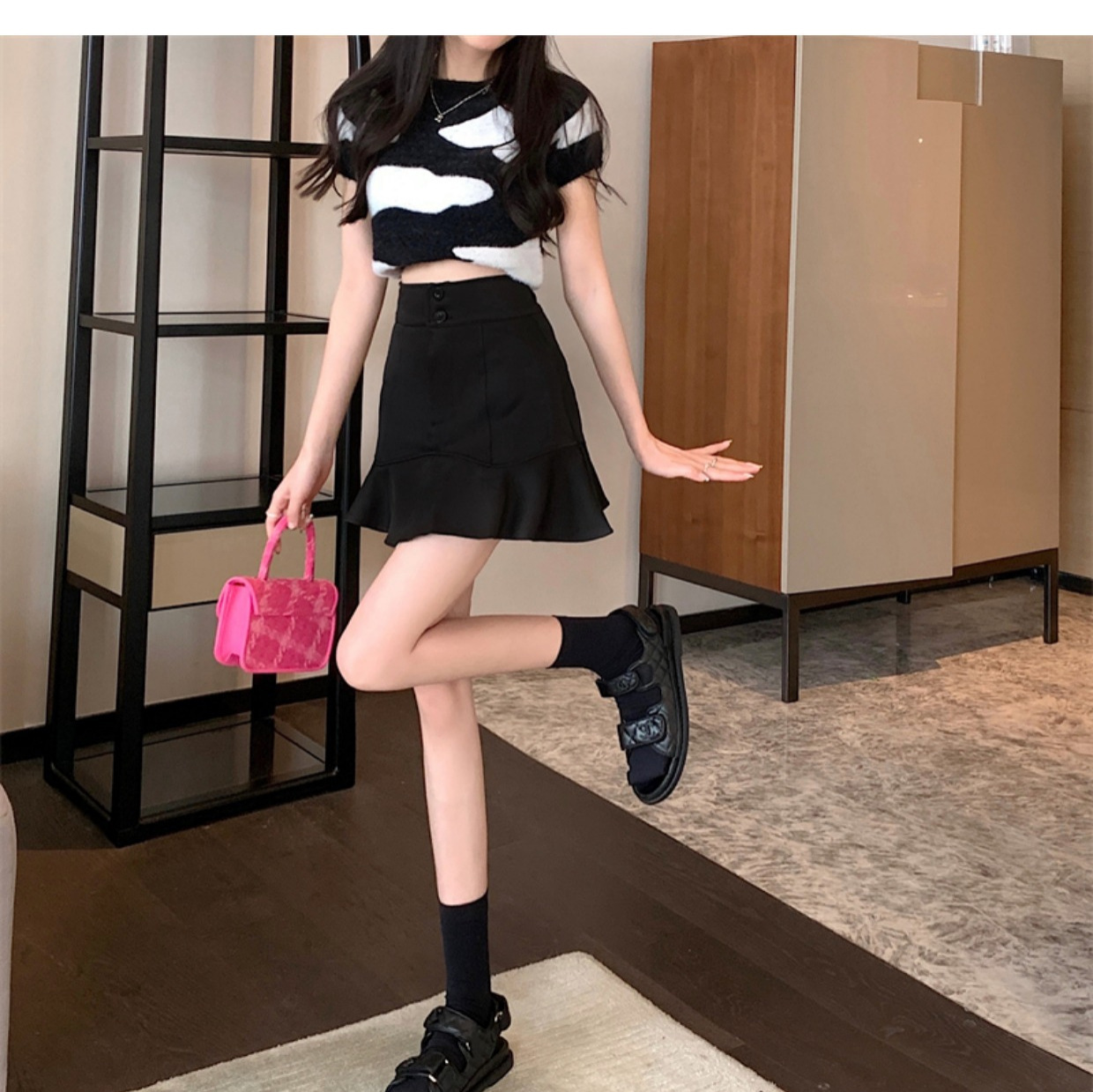 Sweet Ruffle Fishtail Skirt Women's Spice Girl Short High Waist A- Line Skirt Summer New Hip Short Skirt
