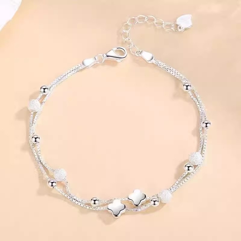 925 Silver-Plated Four-Leaf Clover Double-Layer Bracelet for Women 2025 Summer Versatile Korean Style Ins Style Clover Hand Jewelry