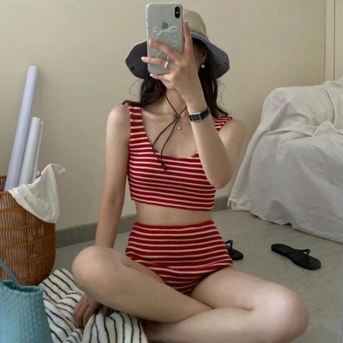 South Korea New Sweet Girl's Vintage Striped Navy Style Simple Split High Waist Belly-Covering Slimming Vacation Swimwear for Women