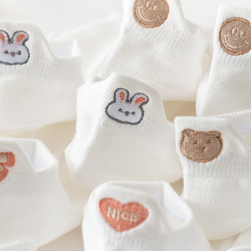 Heel Love Rabbit Embroidered Women's Boat Socks Japanese Shallow Short Socks Cotton Socks Cute Low Smiley Bow Socks