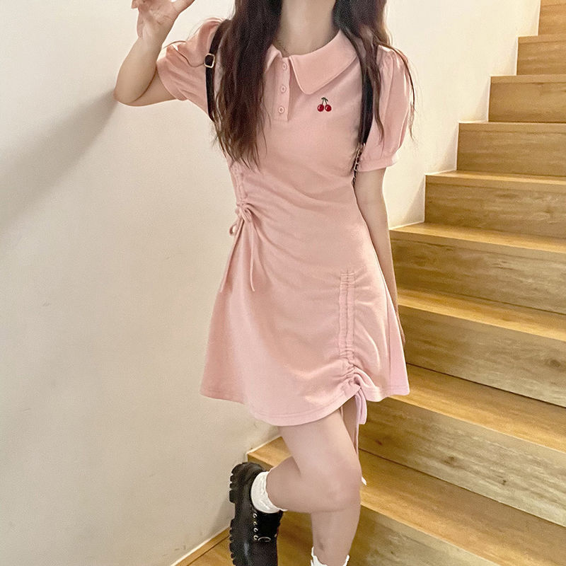 [First Love Girlfriend] Cherry polo Dress Women's 2022 Summer New College Style Drawstring A- line Dress Casual Fashion