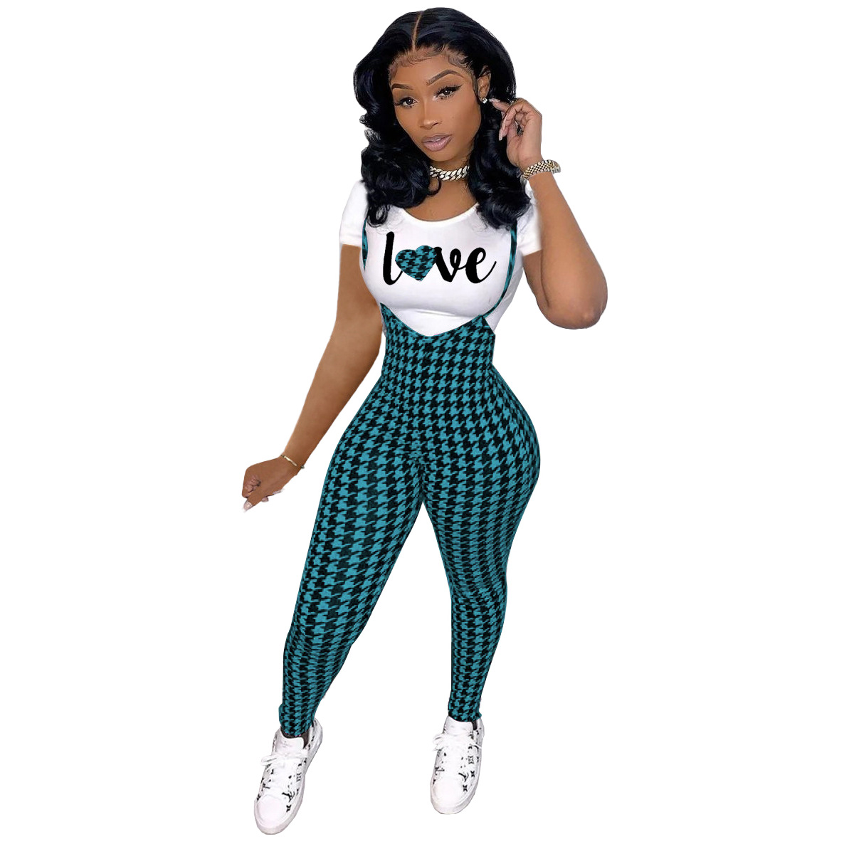 Picture of D9828 Amazon Hot Selling European and American Women's Fashion Pattern Printed Short Sleeve T-Shirt + Sling Jumpsuit Set