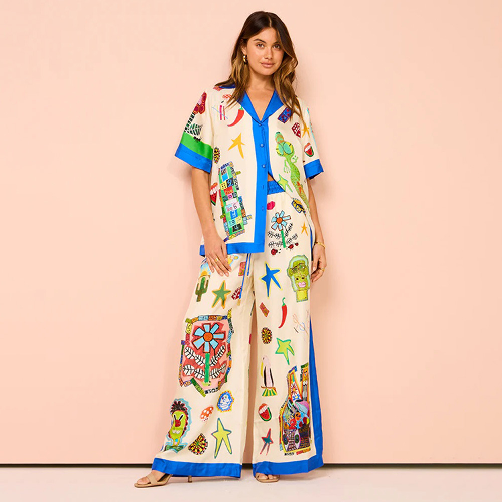 Cross-border 2024 summer Europe and the United States foreign trade women's Amazon shirt trousers loose printing suit leisure vacation suit
