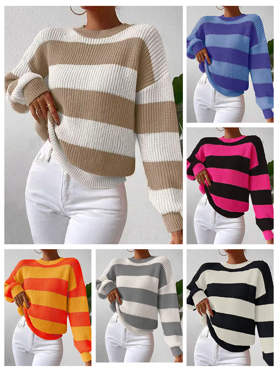 Cross-border generation hair shein women's clothing online popular popular striped sweater loose lazy long sleeve pullover round neck sweater