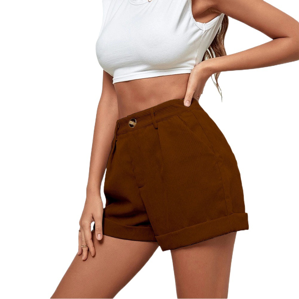 Cross-Border European and American Clothing 2024 New Holiday Flap Pocket Pants High-Waisted Corduroy Casual Three-Quarter Pants Wide-Leg Straight Shorts