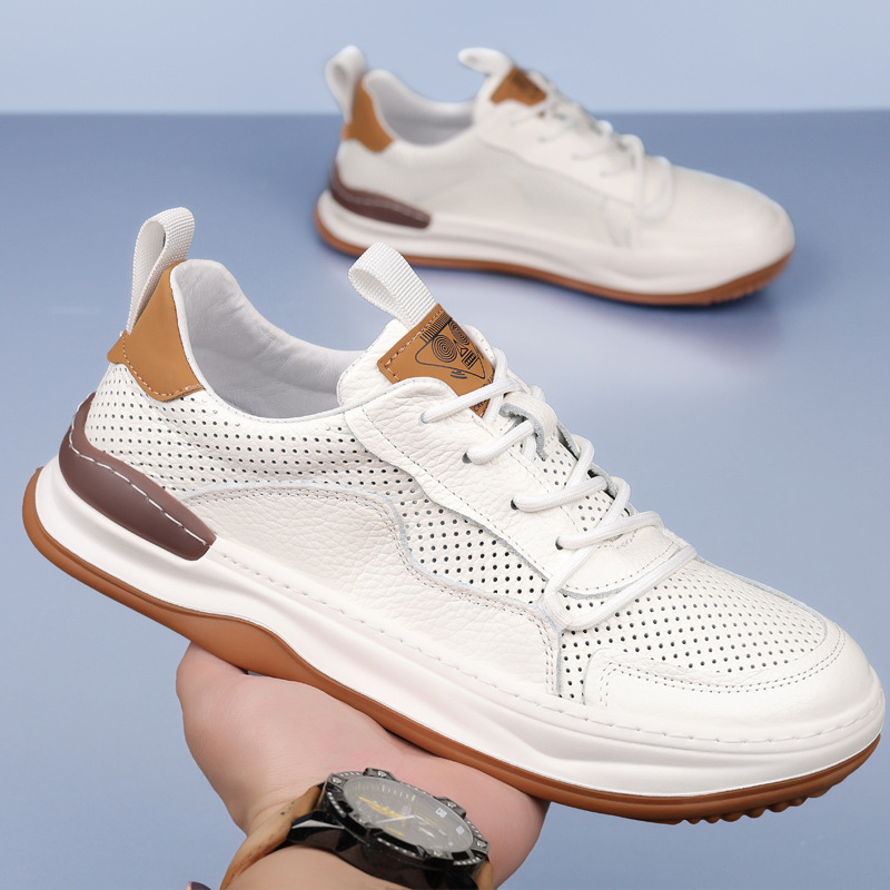 Top Layer Cowhide Summer New Men's Sandals Genuine Leather Men's Breathable White Shoes Perforated Hole Shoes Men's Shoes