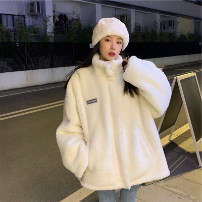 Imitation lamb Velvet White stand collar zipper coat women's autumn and winter velvet loose cross-border Women's foreign trade wholesale eBay