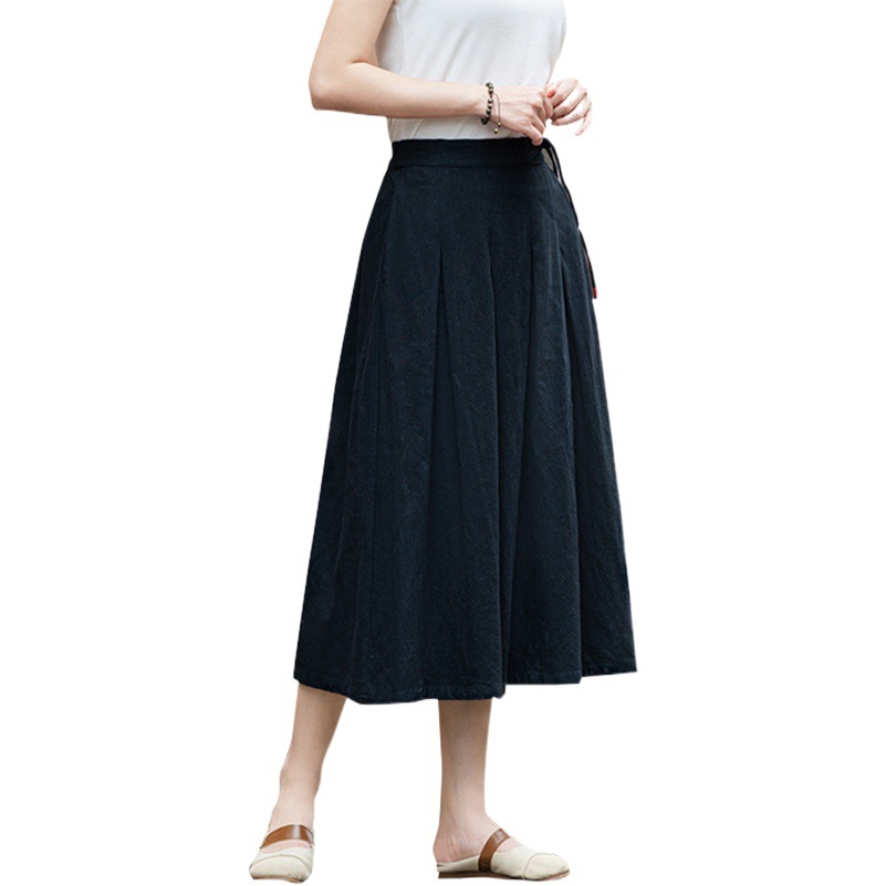 Cotton and linen women's artistic retro A- line skirt new Chinese style versatile linen midi skirt high waist slimming skirt