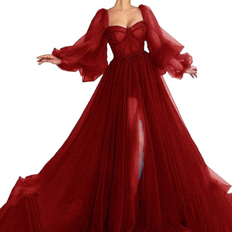 Picture of 2025 Cross-Border Summer New European and American Clothing Elegant Fashion Dress Mesh Slit Large Hem Wedding Dress Evening Dress