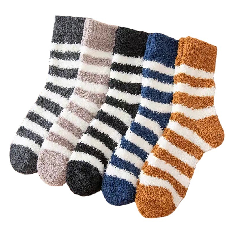 Autumn and Winter Thickeneded Coral Velvet Men's Socks Men's Stripesd Half Velvet Home Floor Socks Warm Sleep Socks
