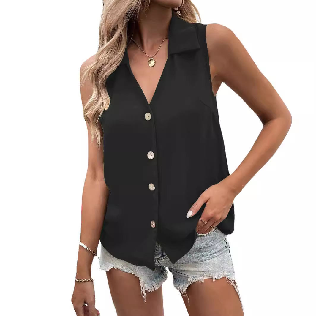 Picture of 2025 European and American Cross-Border Summer New Women's Clothing Pure Color V Neck Loose Chiffon Shirt Sleeveless Twist Button Vest Shirt for Women