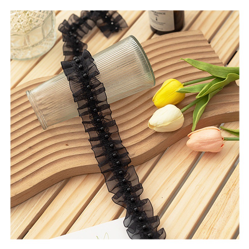 4cm Wide Black and White Chiffon Beads Lace Garment Accessories Decoration Handmade DIY Skirt Curtain Side Sofa Cushion