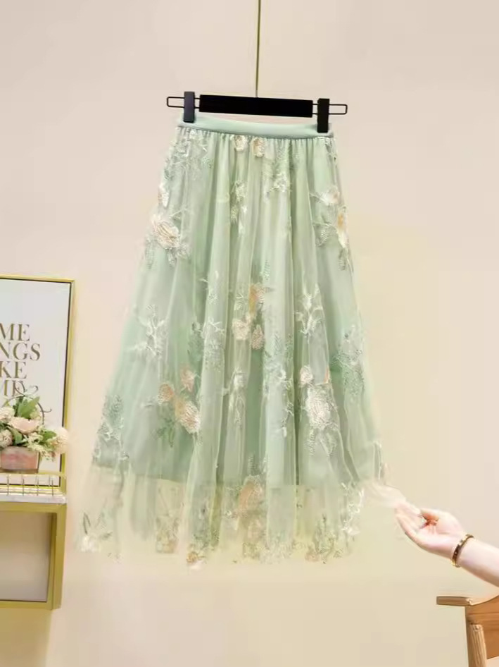 New Skirt High-grade Fairy Skirt Embroidered Flower Mesh Pouch Skirt Loose Slim Large A- line Long Skirt