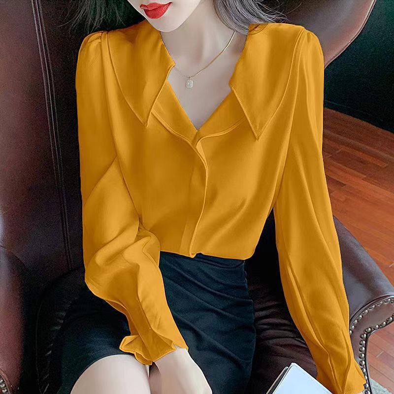 Picture of Autumn 2022 Korean-style Retro All-match Loose V-neck Ruffled Long Sleeve Outer Wear Solid Color Doll Shirt Top