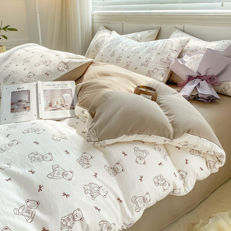 Picture of Small fresh class a 100 wash cotton four-piece set sanding cotton full quilt cover single bed hat student dormitory three or four-piece set
