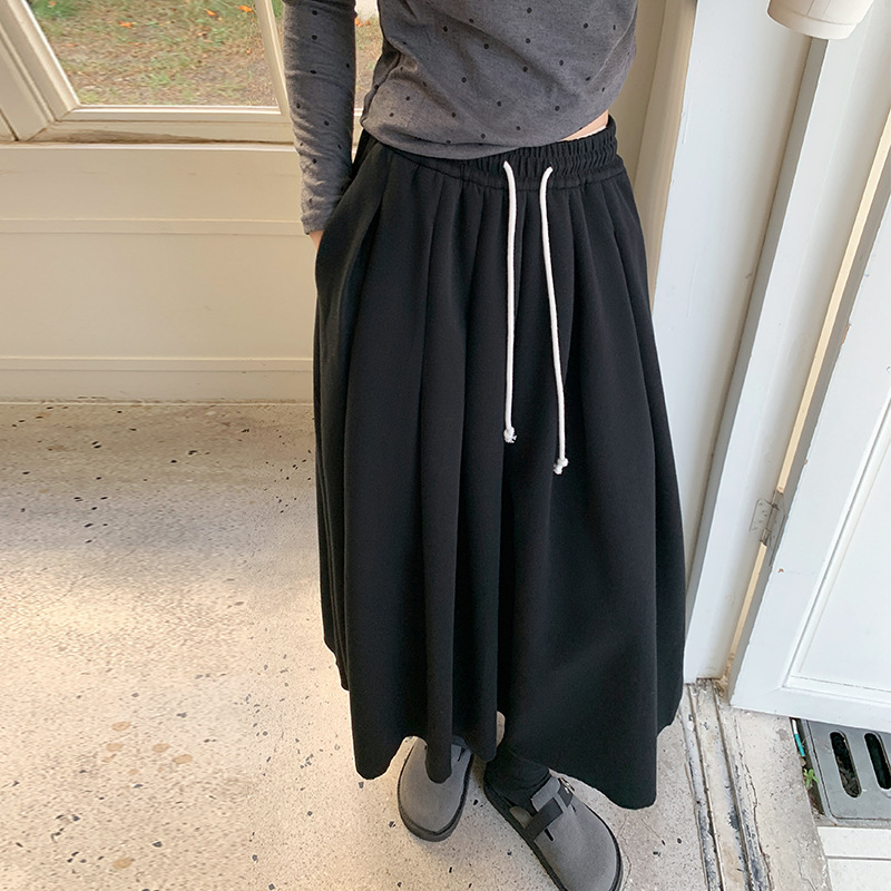 Black Large Swing Skirt Women's Autumn High Waist Slimming Drawstring Draped Long A- line Umbrella Skirt American Pleated Long Skirt