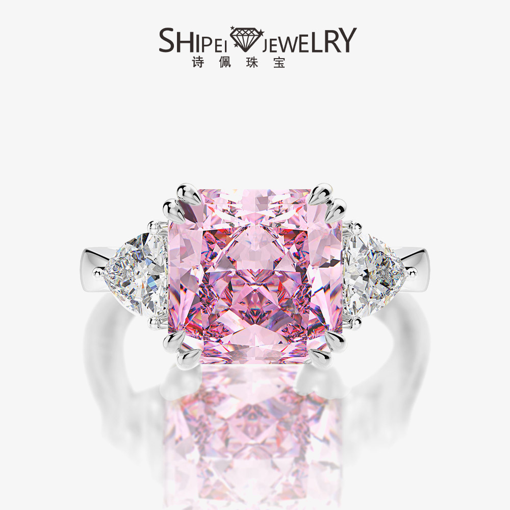 Shipei jewelry pink 5 karat high carbon diamond ring square ice flower cut 10*10 European and American light luxury ring female 5-9#
