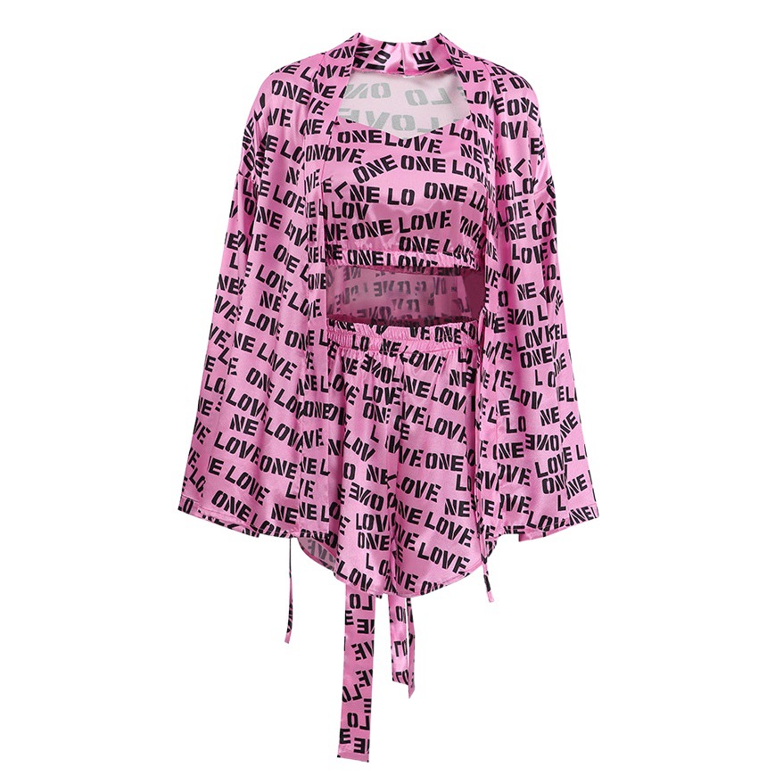 2024 Summer European and American new fashion cardigan printed pajamas nightgown casual three-piece foreign trade Women's Home wear