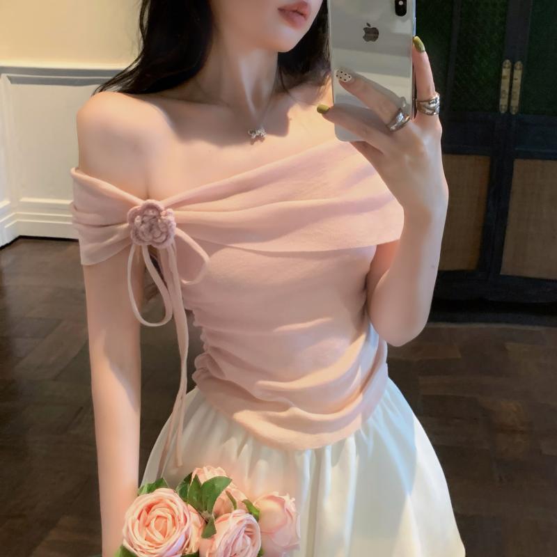 Picture of Pure Sweet Spice Girl Off-shoulder Flower Small Top Women's Summer High-end French Pink Short-sleeved Shirt Chic and Beautiful