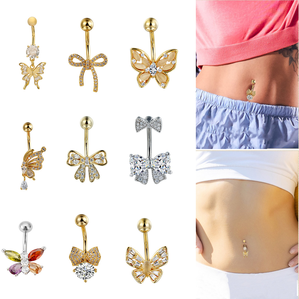 European and American Human Body Puncture Navel Ring Thread Butterfly Diamond Navel Nail Ins Style Fashion Navel Buckle Jewelry