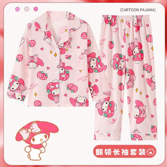 Picture of Children's Pajamas Spring and Autumn Cute Cartoon Boys and Girls Lapel Cardigan Long Sleeve Trousers Children's Home Clothes