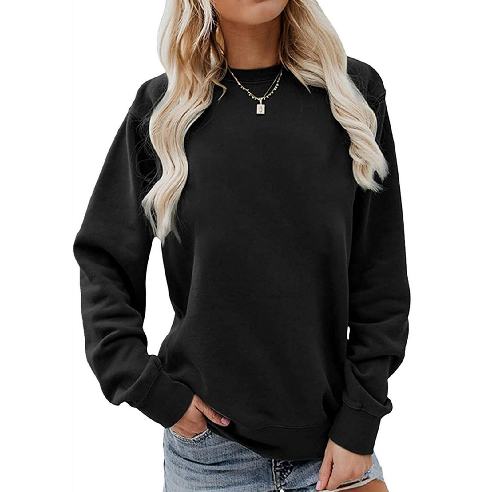 Amazon autumn and winter new women's top European and American fashion loose round neck shoulder long sleeve solid color sweater women