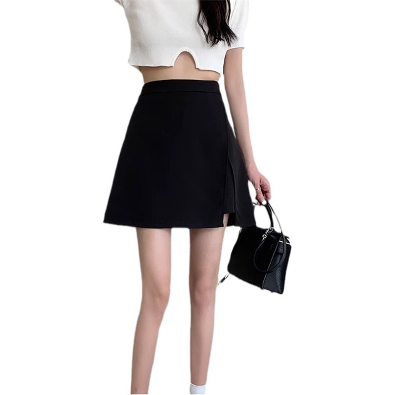 New irregular high waist anti-exposure A- line hip skirt women's Korean-style retro versatile slimming solid color split skirt