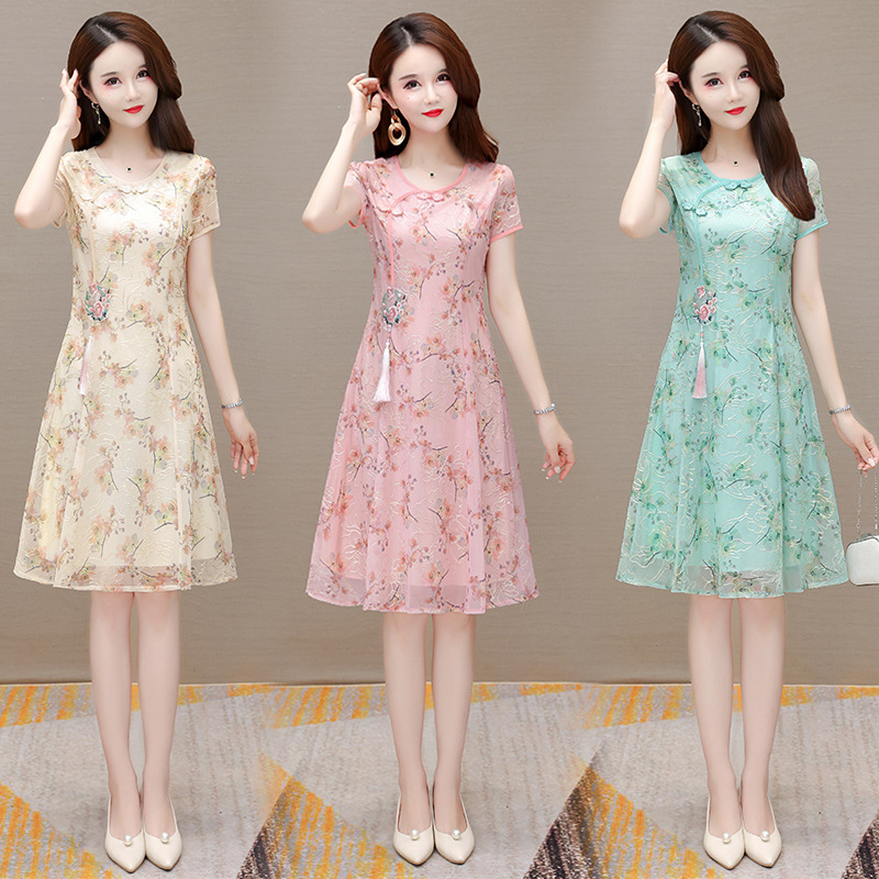 Real shot 2024 summer new arrival plus size dress modified cheongsam waist slimming retro short sleeve round neck skirt