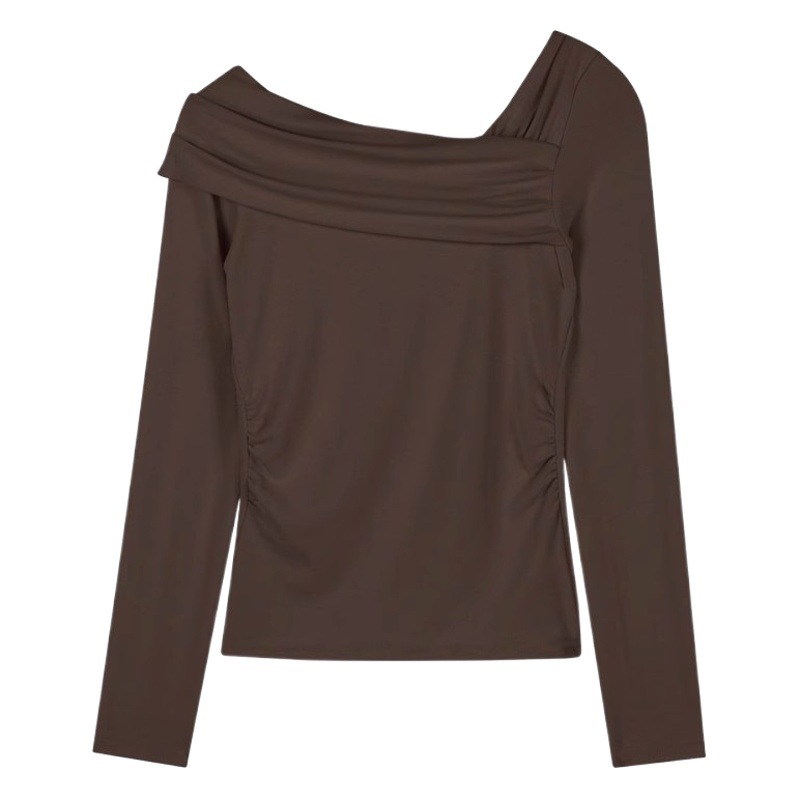 Pure desire off-shoulder long-sleeved sweater for women Spring and Autumn chic slim temperament short bottoming shirt brown top fashion