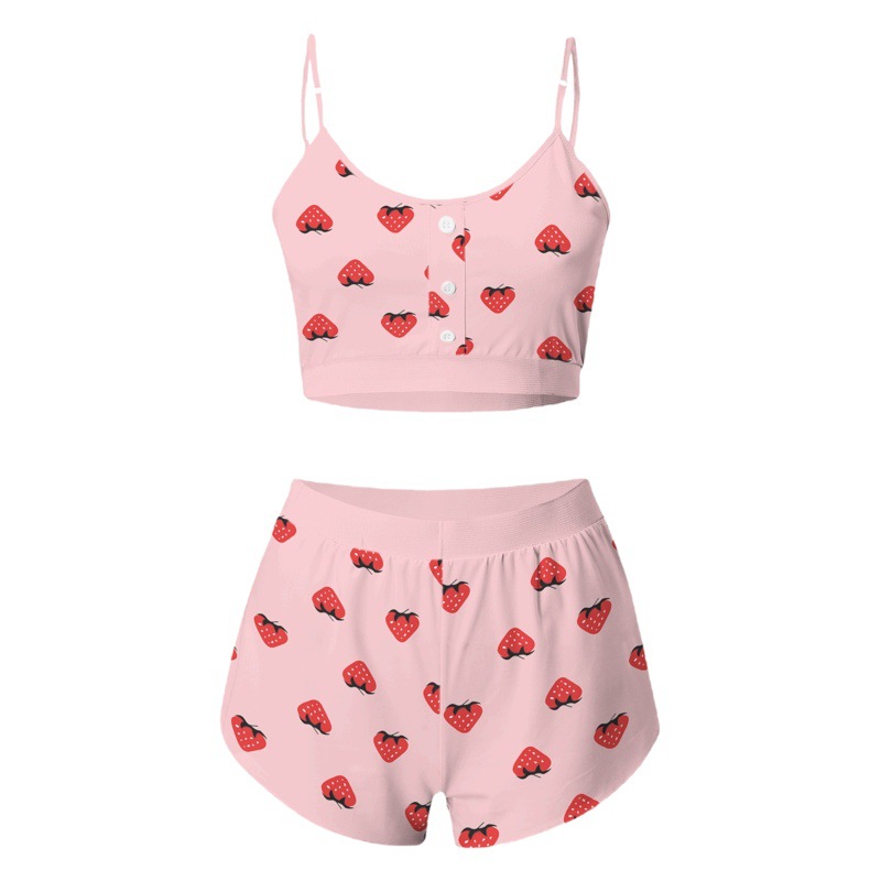 European and American foreign trade cross-border sales Fashion strawberry printing lace strap two-piece home clothing sweet pajamas